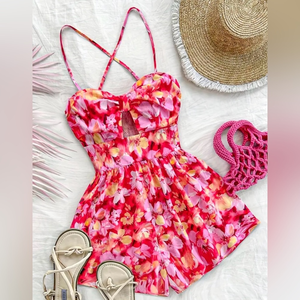 Romper shorts w/ flowers bright pinks shorts cross straps sz Medium nwt